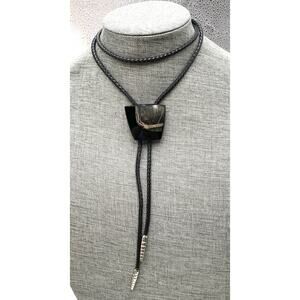 BOLO Black Lather/Faux Lathers? Glass/Stone? Pained Art Necklace Western